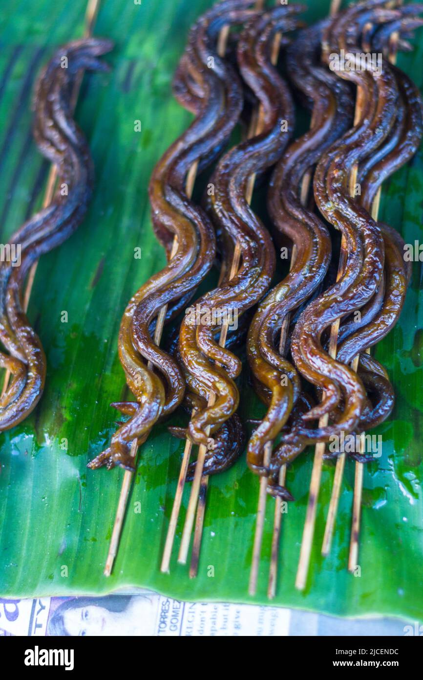 Des anguilles grillées appelées localement puyoy dans une rue de Capiz, Philippines Banque D'Images