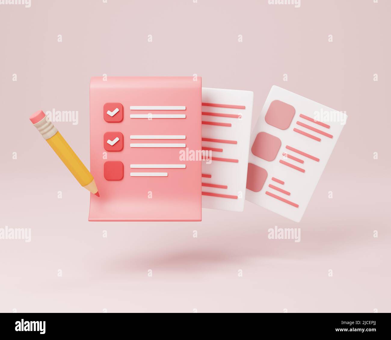 3D presse-papiers et crayon sur fond rose, icône du bloc-notes Banque D'Images
