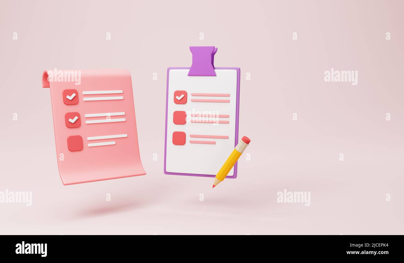 3D presse-papiers et crayon sur fond rose, icône du bloc-notes Banque D'Images