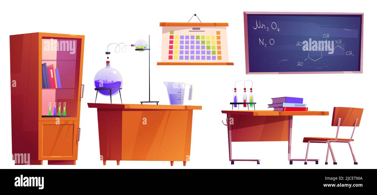 Ensemble de meubles de salle de classe pour l'apprentissage de la chimie à l'école ou à l'université. Dessin animé vectoriel illustration isolée de l'intérieur de la classe avec des flacons sur le bureau, des formules sur le tableau noir et un tableau périodique chimique Illustration de Vecteur