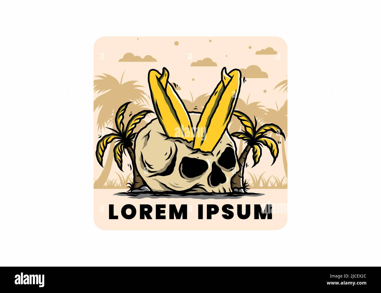 Illustration colorée d'une planche de surf coincée dans le crâne humain entre les cocotiers Illustration de Vecteur