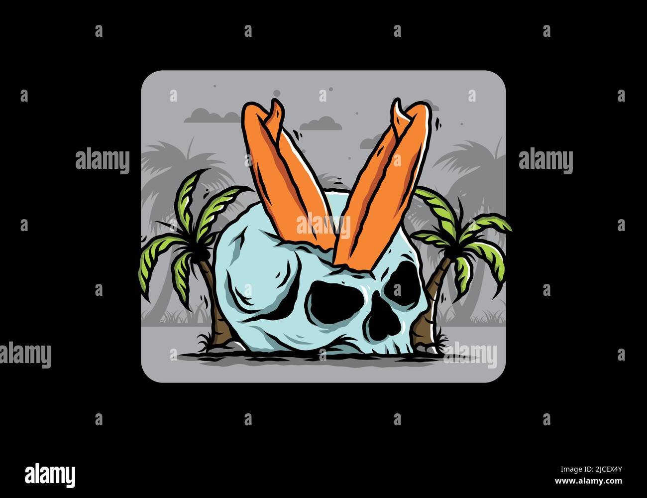 Illustration colorée d'une planche de surf coincée dans le crâne humain entre les cocotiers Illustration de Vecteur