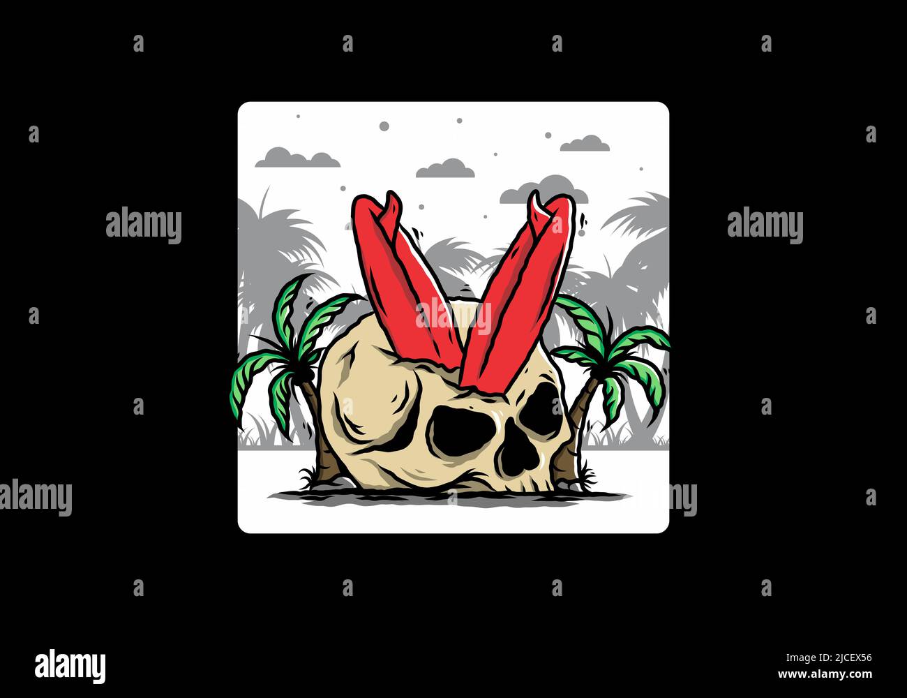 Illustration colorée d'une planche de surf coincée dans le crâne humain entre les cocotiers Illustration de Vecteur
