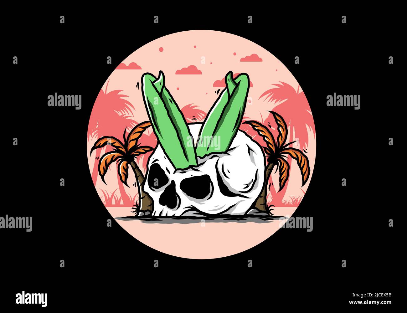 Illustration colorée d'une planche de surf coincée dans le crâne humain entre les cocotiers Illustration de Vecteur