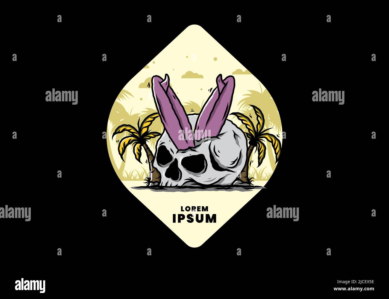 Illustration colorée d'une planche de surf coincée dans le crâne humain entre les cocotiers Illustration de Vecteur