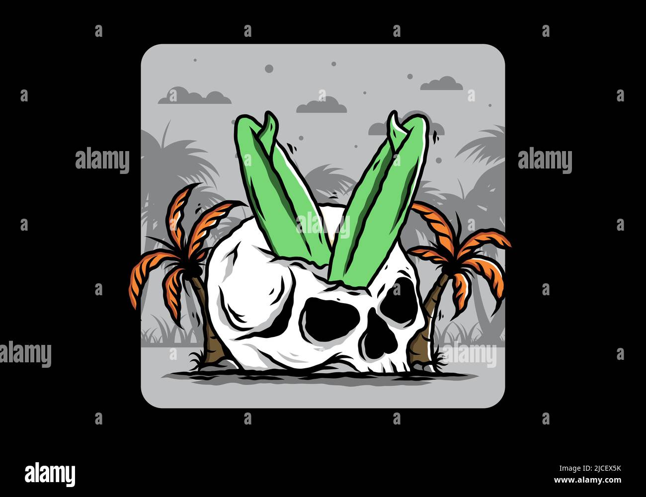 Illustration colorée d'une planche de surf coincée dans le crâne humain entre les cocotiers Illustration de Vecteur