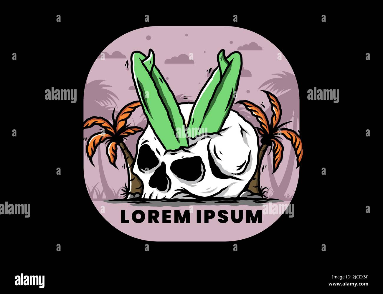 Illustration colorée d'une planche de surf coincée dans le crâne humain entre les cocotiers Illustration de Vecteur