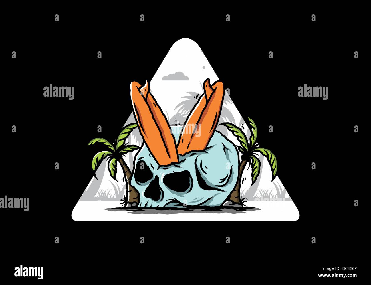Illustration colorée d'une planche de surf coincée dans le crâne humain entre les cocotiers Illustration de Vecteur
