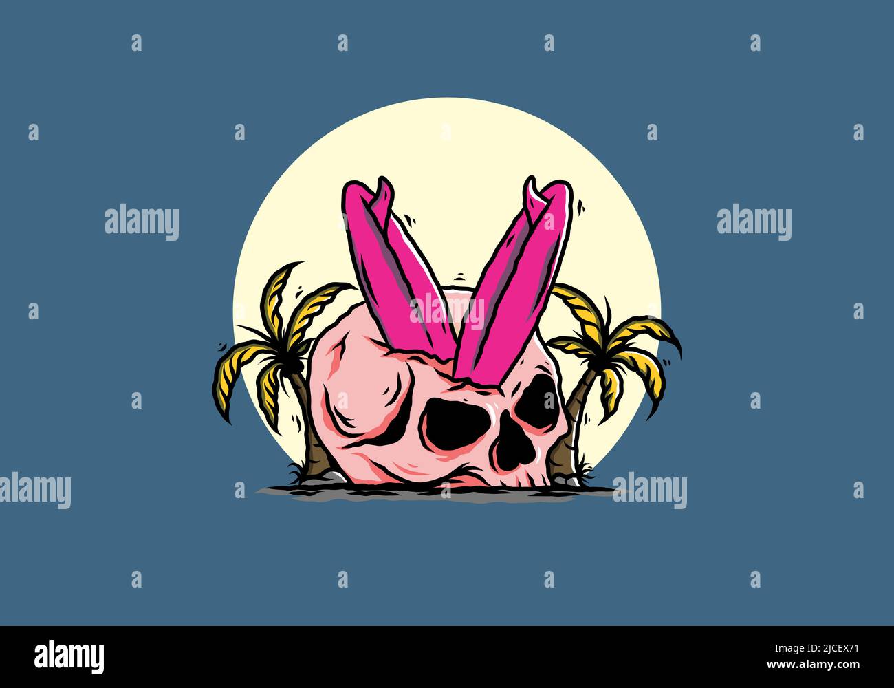 Illustration colorée d'une planche de surf coincée dans le crâne humain entre les cocotiers Illustration de Vecteur