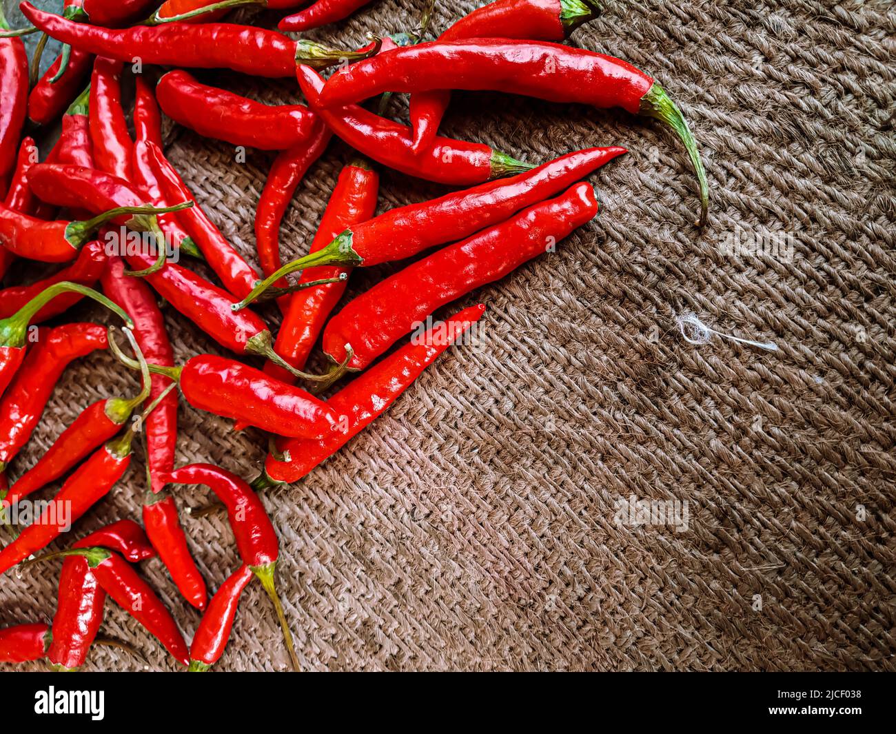 Piments rouges frais sur fond de tissu vintage. Piment rouge frais isolé. Banque D'Images