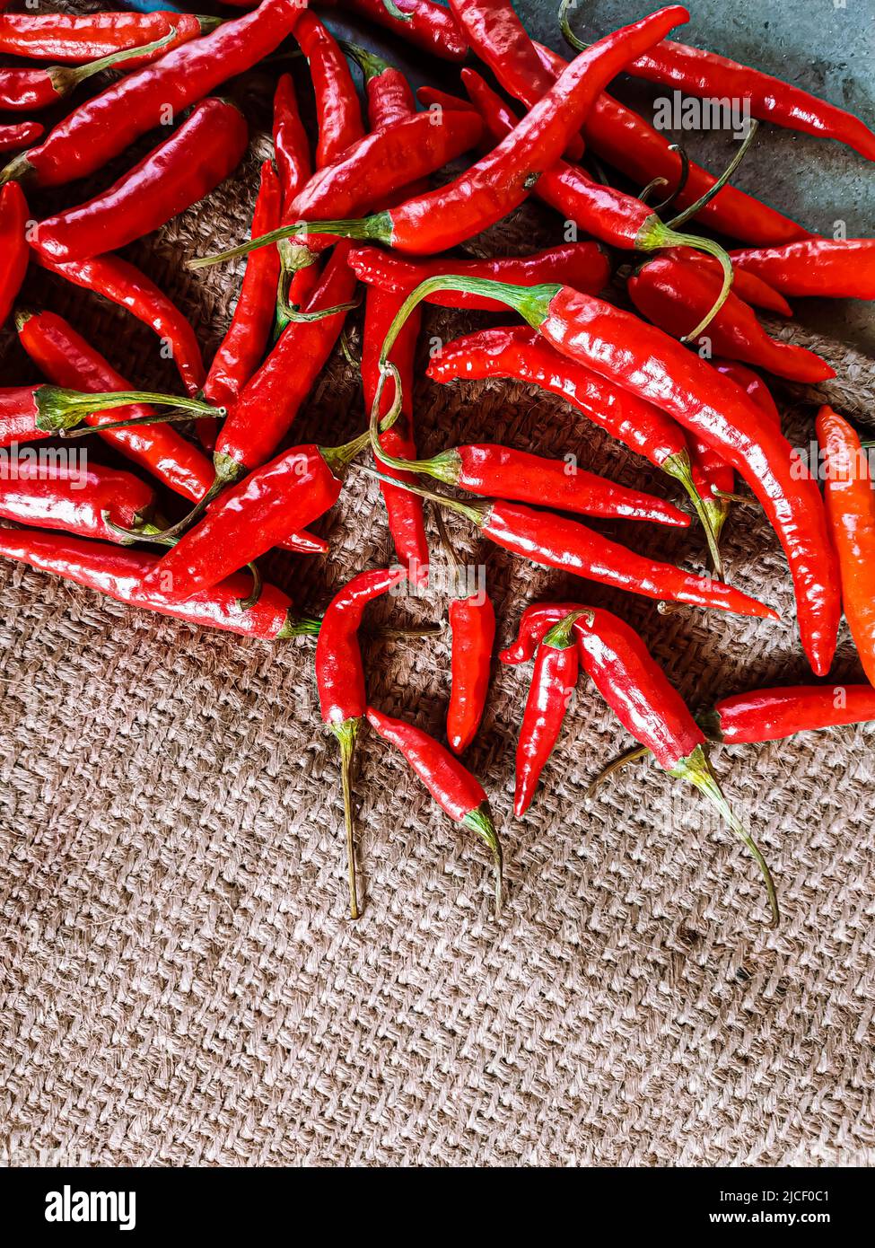 Piments rouges frais sur fond de tissu vintage. Piment rouge frais isolé. Banque D'Images