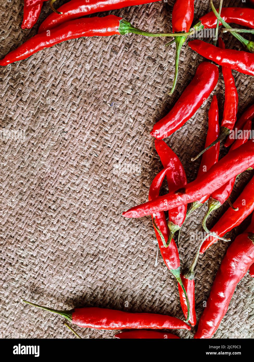 Piments rouges frais sur fond de tissu vintage. Piment rouge frais isolé. Banque D'Images