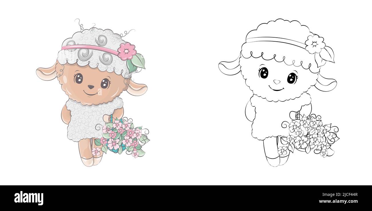 Illustration de Cute Sheep Clipart et noir et blanc. Agneau amusant à pince avec un panier de fleurs. Illustration vectorielle d'un animal pour colorier des pages Illustration de Vecteur