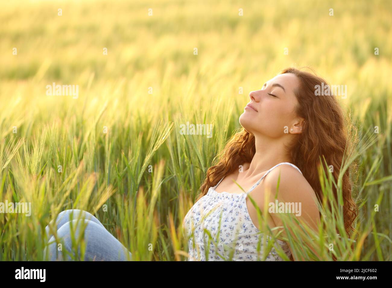 Belle femme relaxante respirant de l'air frais assis dans un champ de blé au coucher du soleil Banque D'Images