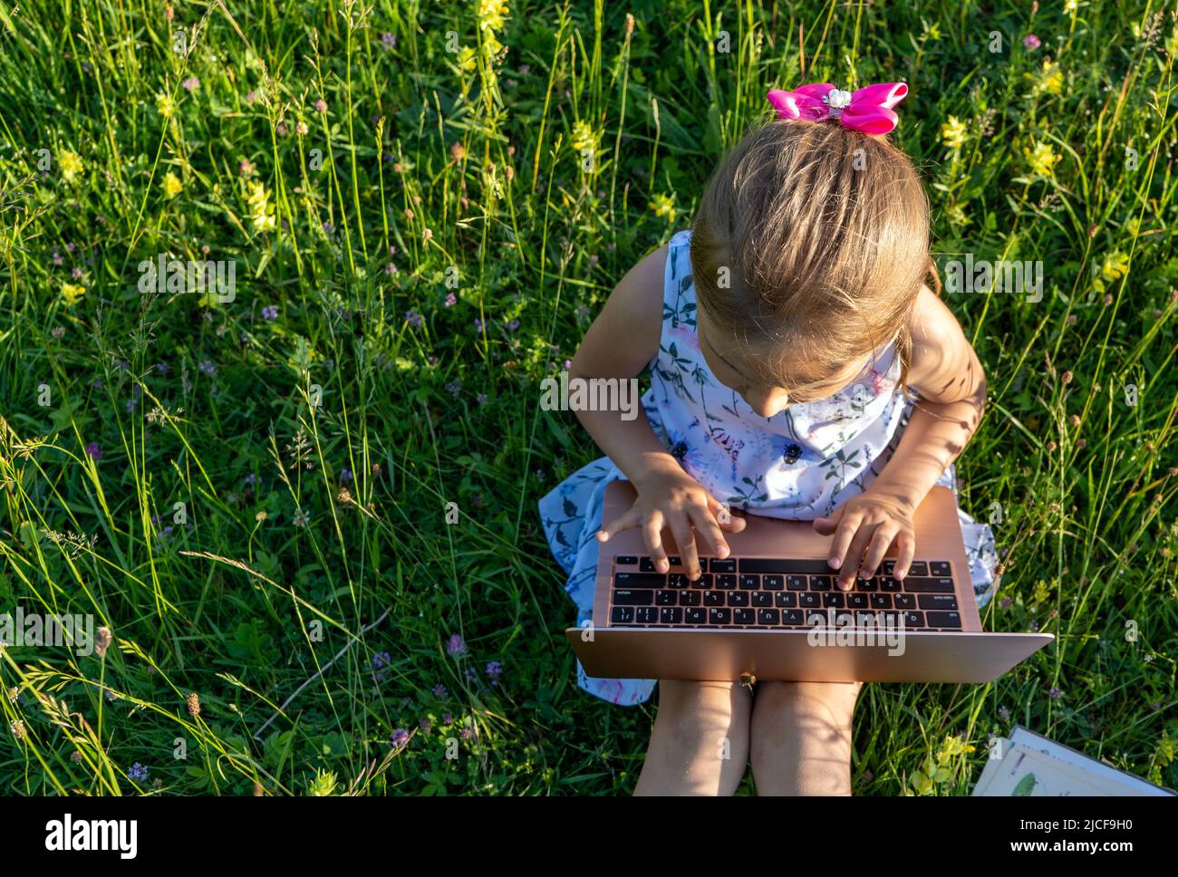 Petite fille assise sur l'herbe et les types sur le clavier de l'ordinateur portable. Éducation, style de vie, concept de technologie, concept d'apprentissage en plein air Banque D'Images