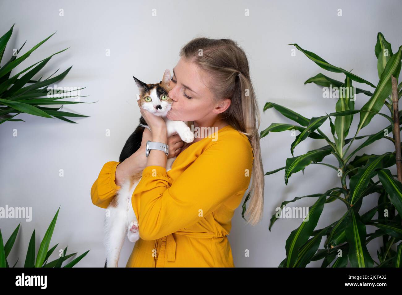 jeune femme portant son calico chat embrassant et embrassant le chaton qui est mécontent à ce sujet Banque D'Images