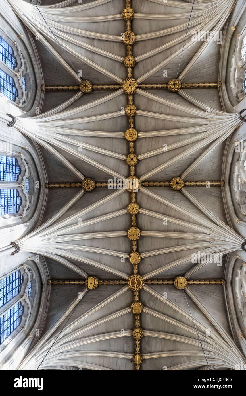 Angleterre, Londres, Abbaye de Westminster, le Nave, détail du motif du plafond voûté du Fan Banque D'Images