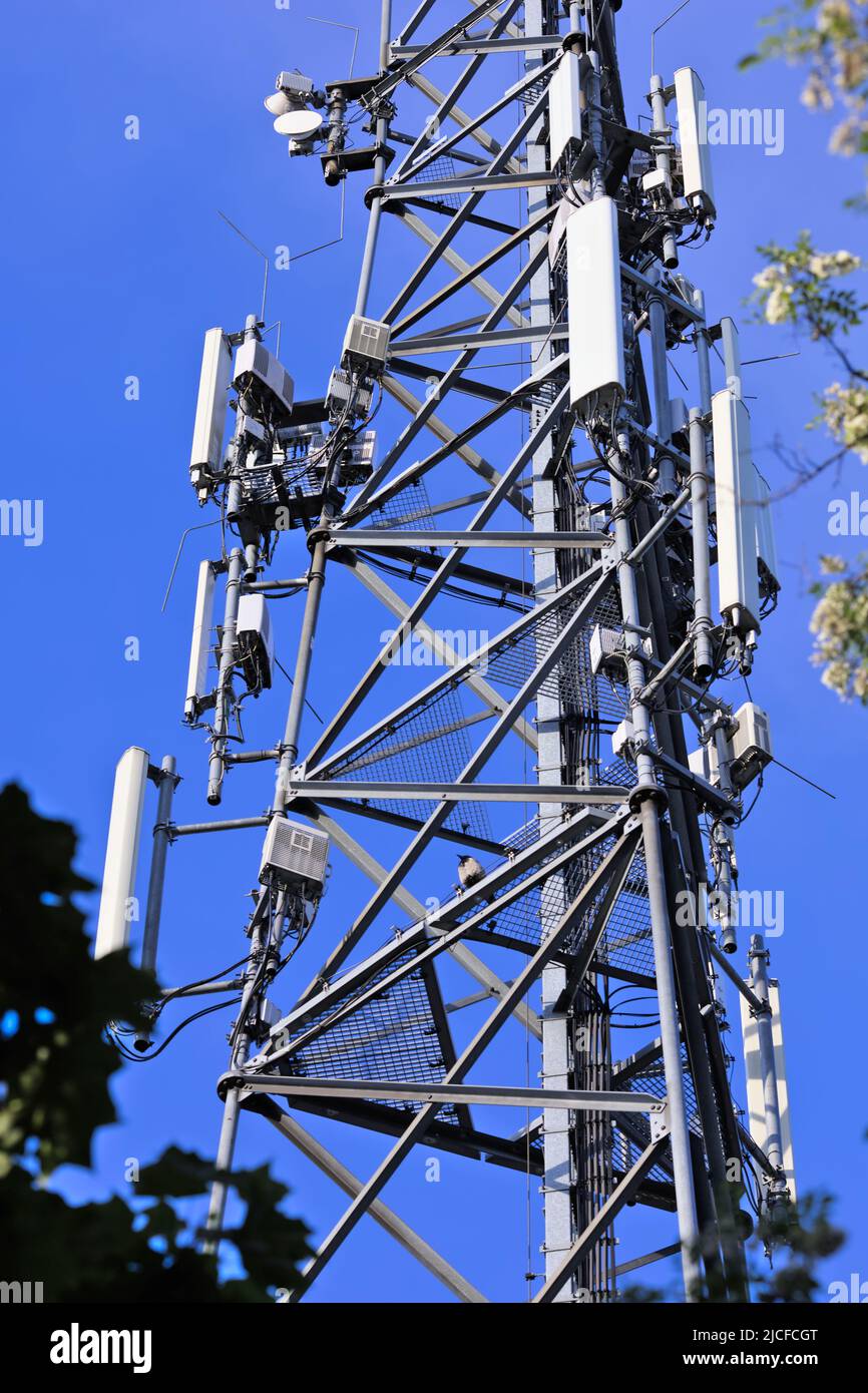 Antenne de mât de téléphone mobile, fond bleu ciel Banque D'Images