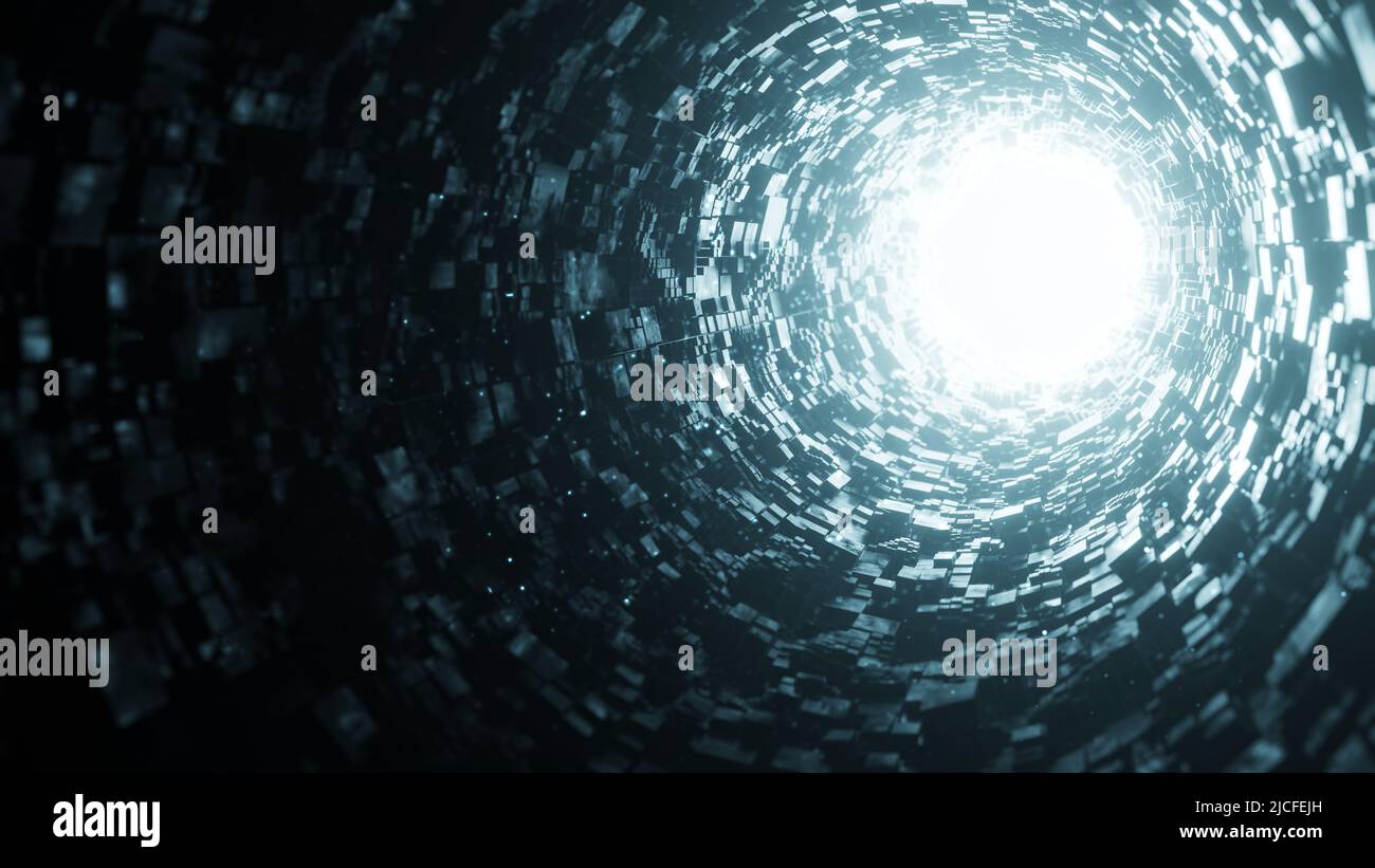 3d rendu. Tunnel sombre abstrait et lumière vive au bout du tunnel. Espace de réalité virtuelle, intérieur abstrait. Banque D'Images