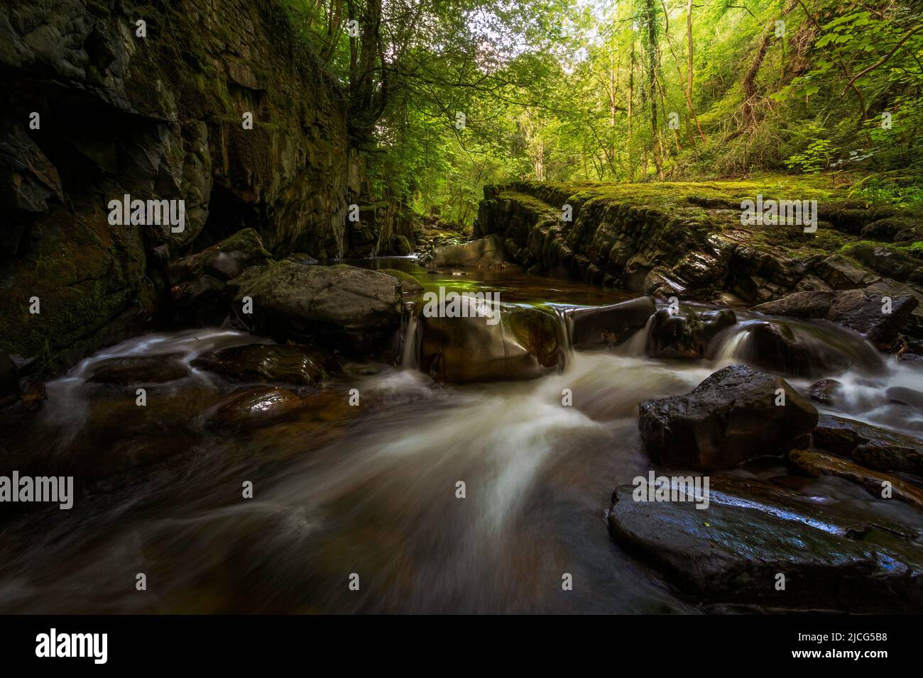 Petites cascades et rochers lisses sur la rivière Afon Pyrddin près de Pontneddfechan, pays de Galles du Sud, Royaume-Uni, connu sous le nom de Waterfall Country Banque D'Images