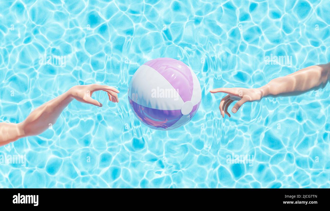 Vue de dessus 3D rendu de la récolte des personnes méconnaissables sous l'eau de la piscine extérieure atteignant vers le ballon gonflable le jour ensoleillé Banque D'Images