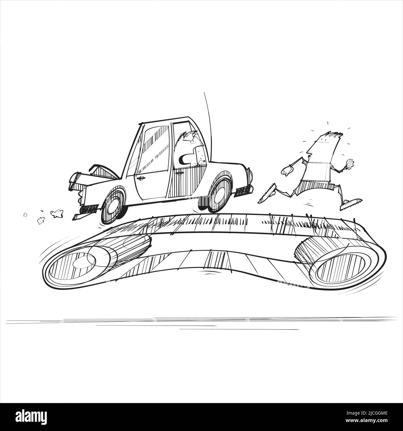 Homme et voiture en colère sur tapis roulant Illustration de Vecteur