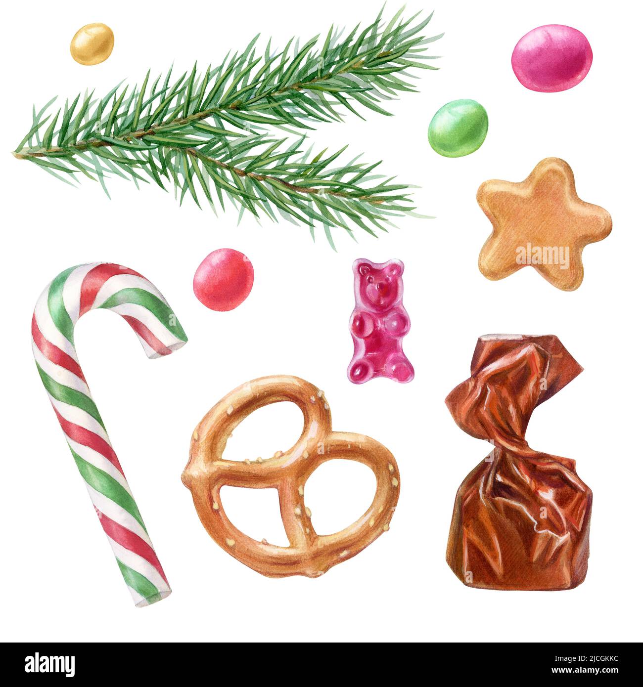 Ensemble de Noël, illustration avec bonbons et branche de sapin Banque D'Images