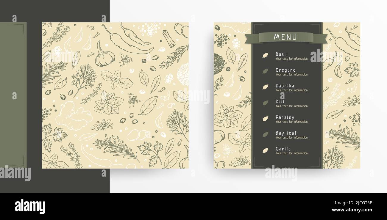 Modèle de menu, épices, condiments et herbes, illustration des dessins au trait Illustration de Vecteur
