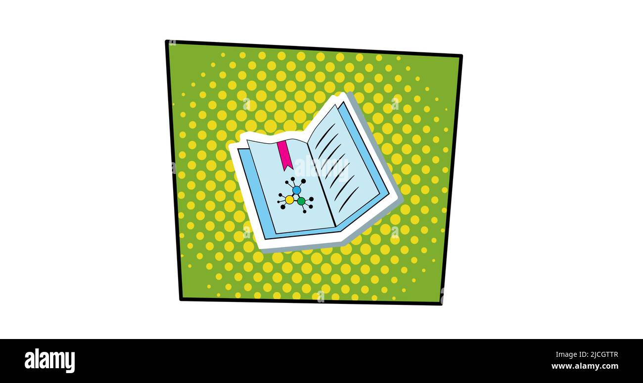 Illustration d'un livre avec des points jaunes en forme de carré vert sur fond blanc Banque D'Images