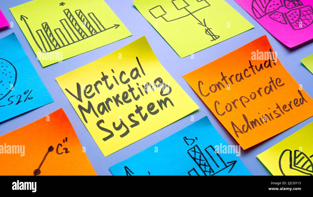 Système de marketing vertical. Bâtonnets de notes de couleur avec graphiques et inscription. Banque D'Images