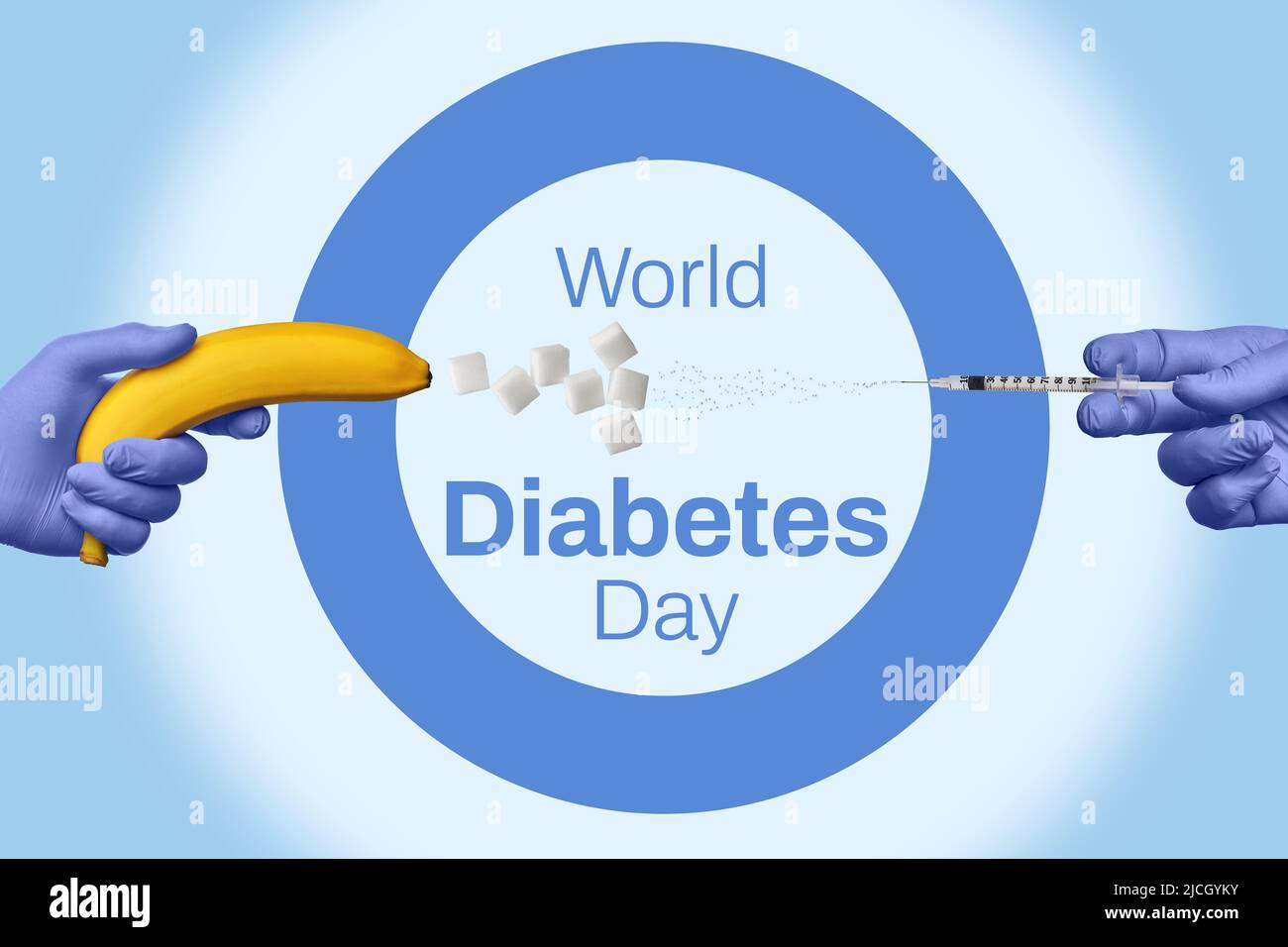 Journée mondiale du diabète. Seringue qui pousse de l'insuline contre une  banane qui pousse avec du sucre. Sucre vs insuline Photo Stock - Alamy