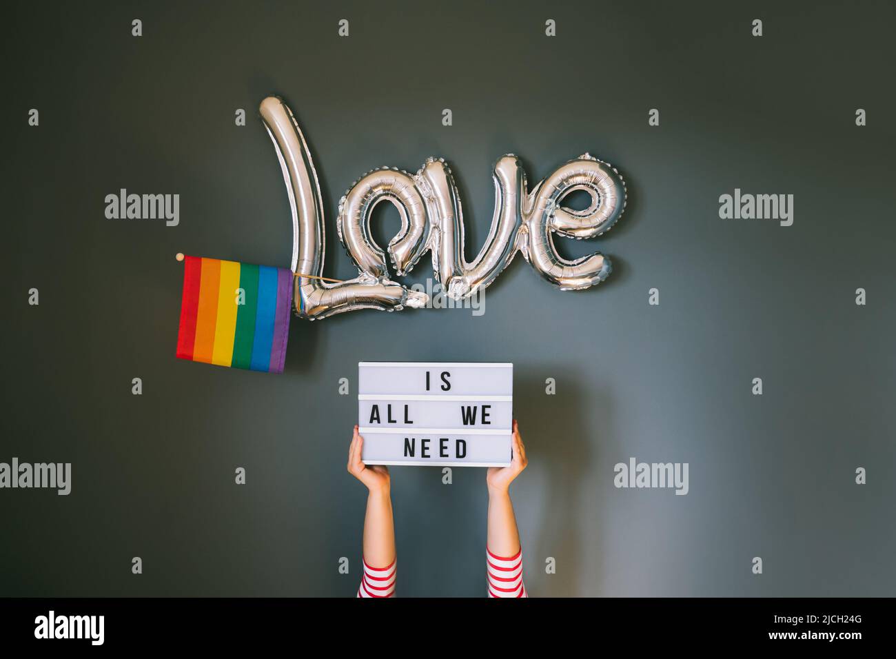 Historique du mois de fierté LGBTQ. Les femmes tiennent la visionneuse avec texte Love est tout ce dont nous avons besoin au-dessus de ballon d'aluminium argenté avec drapeau arc-en-ciel sur le bac mural gris Banque D'Images Historique du mois de fierté LGBTQ. Les femmes tiennent la visionneuse avec texte Love est tout ce dont nous avons besoin au-dessus de ballon d'aluminium argenté avec drapeau arc-en-ciel sur le bac mural gris Banque D'Images
