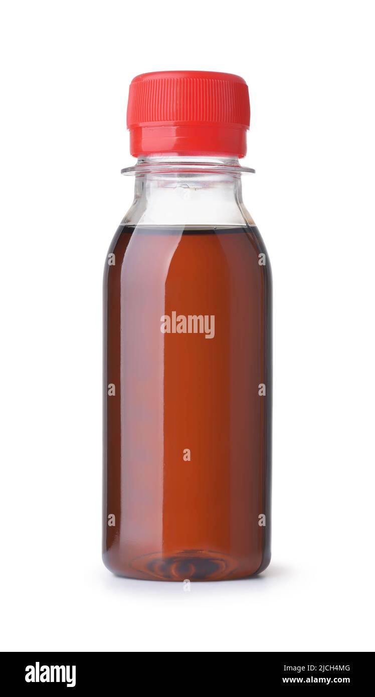 Vue avant de la bouteille en plastique de sirop de café au caramel isolée sur du blanc Banque D'Images