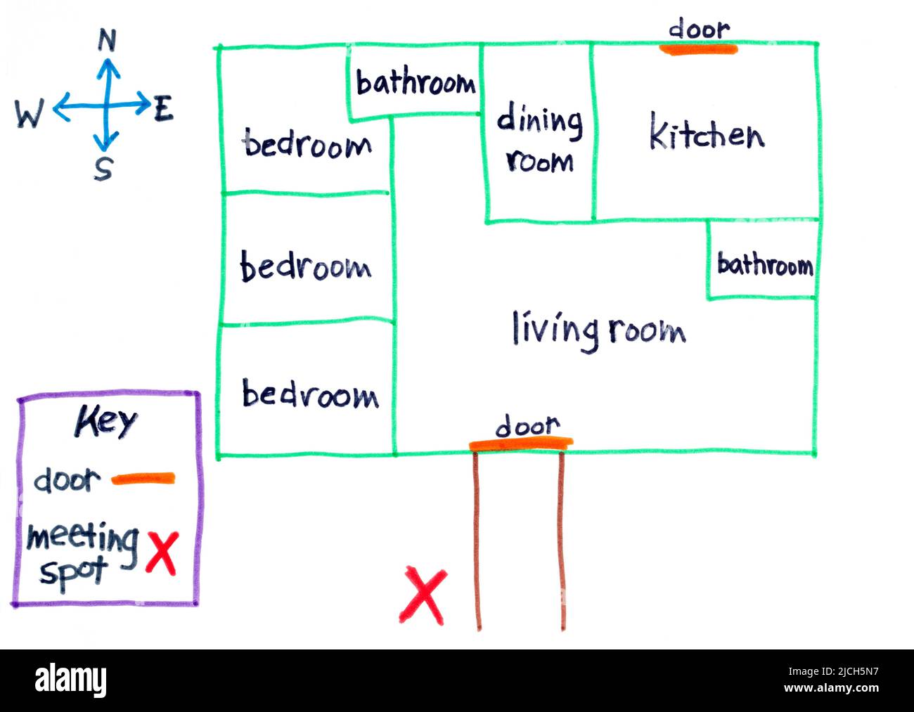 Plan d’étage dessiné à la main pour enfants de la maison familiale montrant les salles, les sorties et le lieu de rencontre en cas d’urgence Banque D'Images