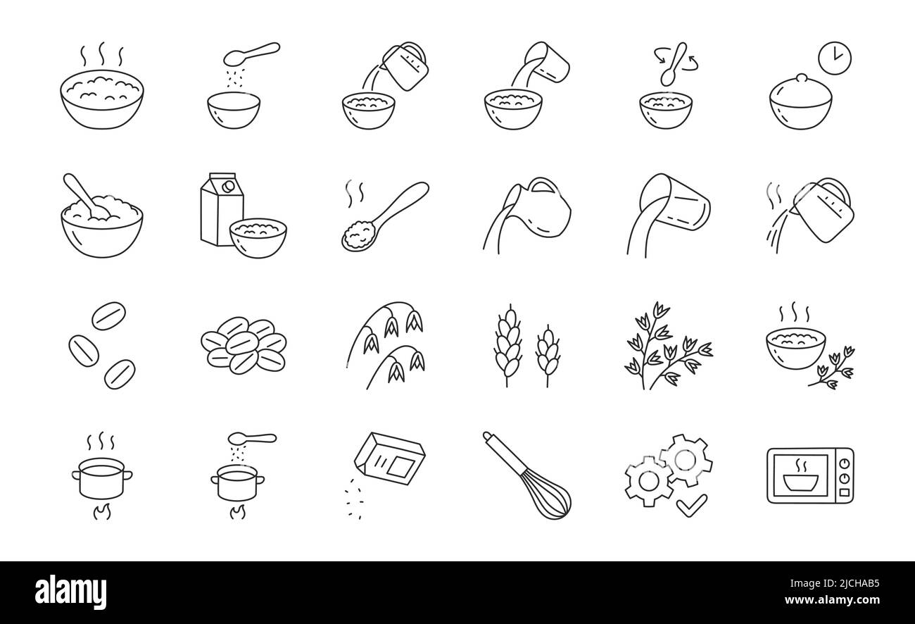 Illustration de la bouillie de flocons d'avoine avec icônes - bol de porridge d'avoine, muesli, granola, grain, verseuse, bol à eau bouilli, repas sain, blé, fouet. Fin Illustration de Vecteur