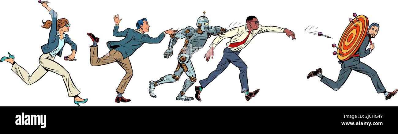 business competition concept, foule de personnes attaque l'homme d'affaires cible dart cible précision concurrence, sports amusement et loisirs Illustration de Vecteur