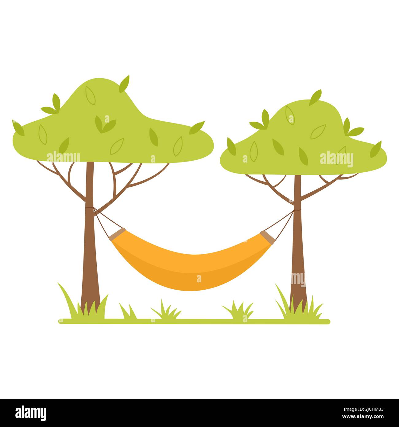 Un hamac étiré entre les arbres. Activités de plein air, camping. Illustration vectorielle plate isolée sur fond blanc. Illustration de Vecteur