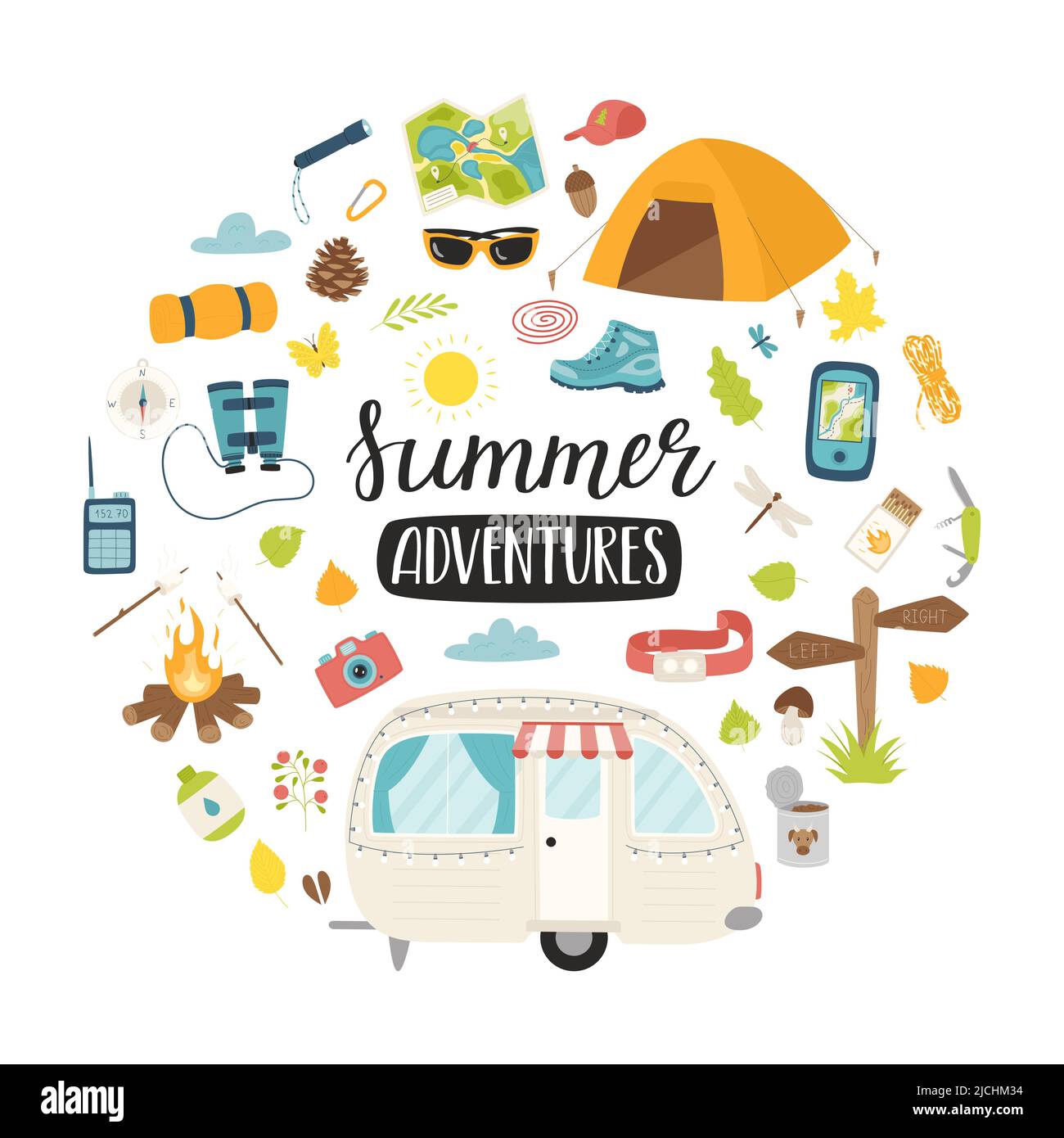 Un ensemble d'éléments pour le camping, le voyage, le pique-nique, le tourisme. Inventaire touristique. Composition ronde comme un imprimé sur les vêtements, cartes postales, web design. Vecteur plat Illustration de Vecteur