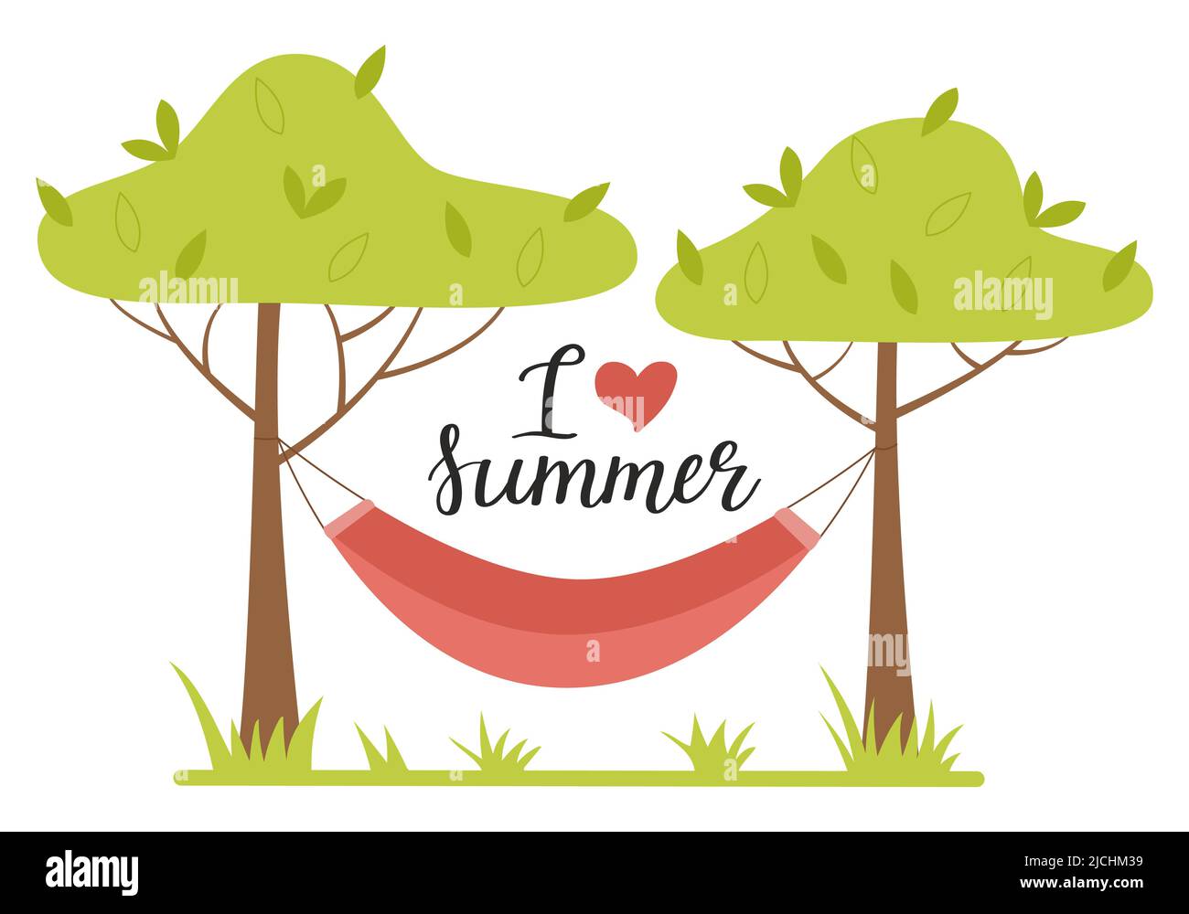 Un hamac étiré entre les arbres. Phrase manuscrite - J'aime l'été. Personne. Une carte avec un lettrage à la main. Loisirs en plein air, vacances, camp Illustration de Vecteur