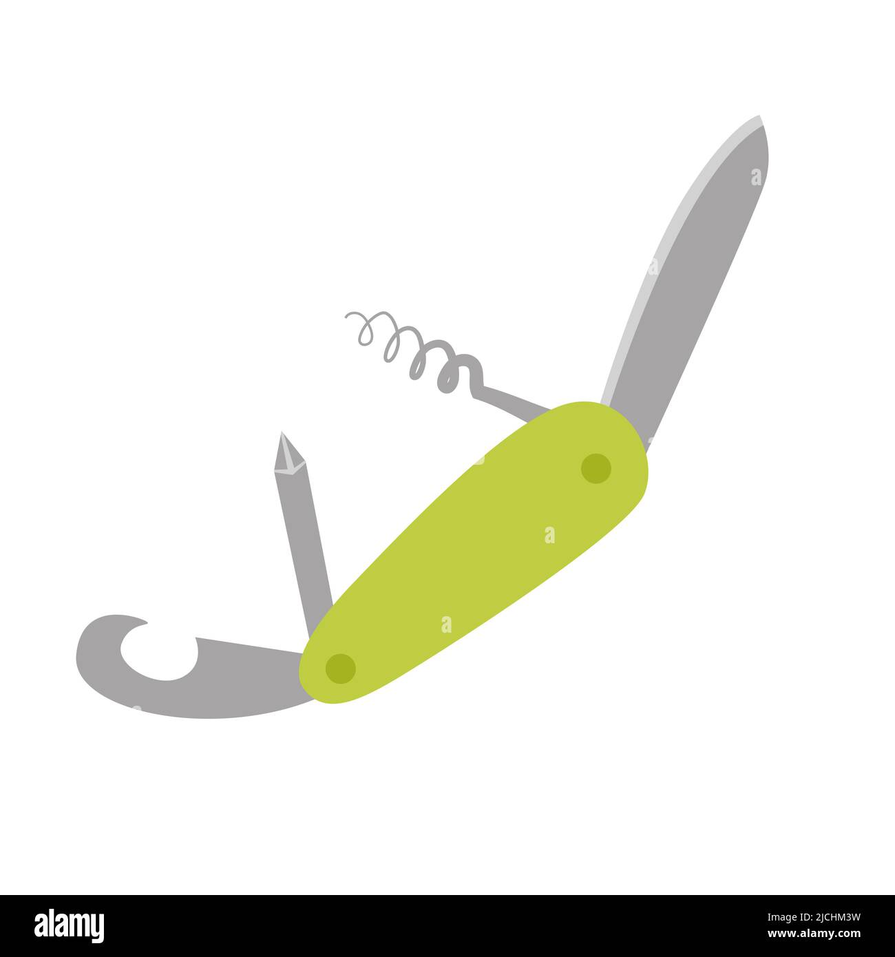 Couteau suisse, multitool, couteau de poche multifonction. Équipement pour la pêche, le tourisme, les voyages, le camping, la randonnée. Illustration vectorielle plate isolée sur un Illustration de Vecteur