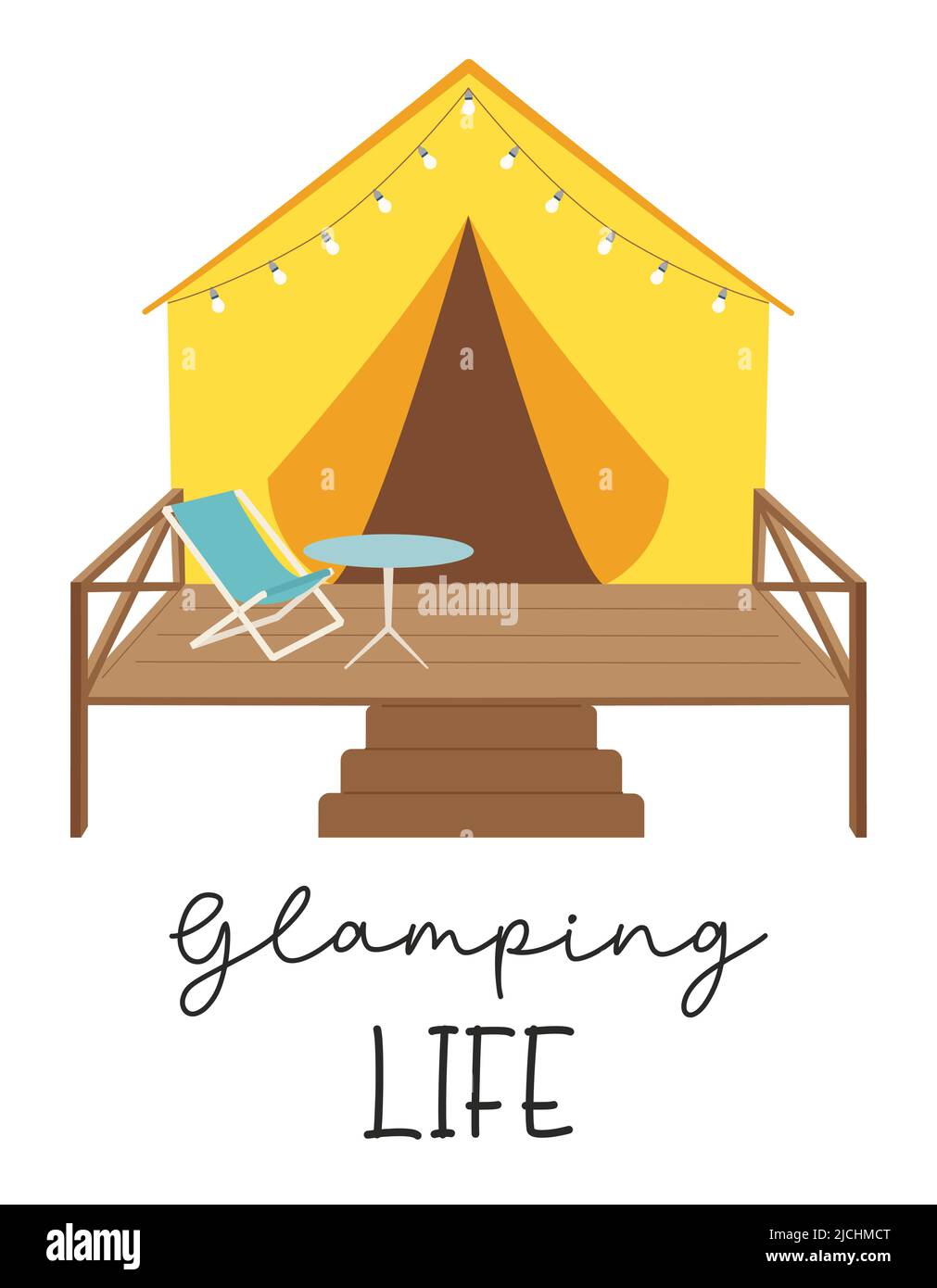Tente de glamping avec guirlande, table et chaise sur la terrasse. La phrase manuscrite - Glamping Life. Camping glamour. La carte de loisirs de plein air. FL Illustration de Vecteur