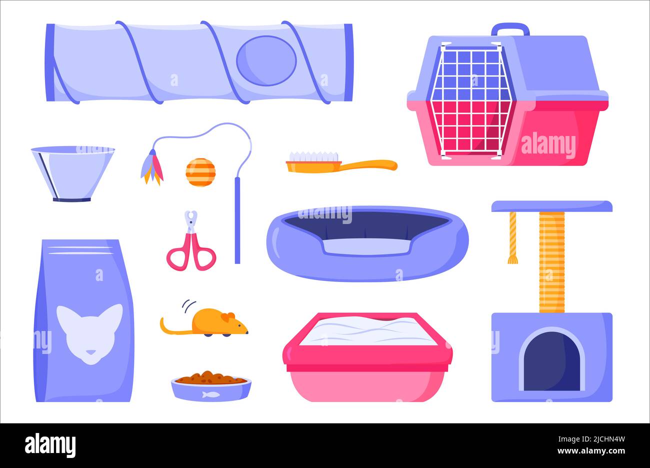 Kit de fournitures pour chats pour animaux domestiques. Nourriture pour animaux, grattage, toilettes, peigne, ciseaux, jouet en plumes, souris, support, cône de collier et lit. Produits et Illustration de Vecteur