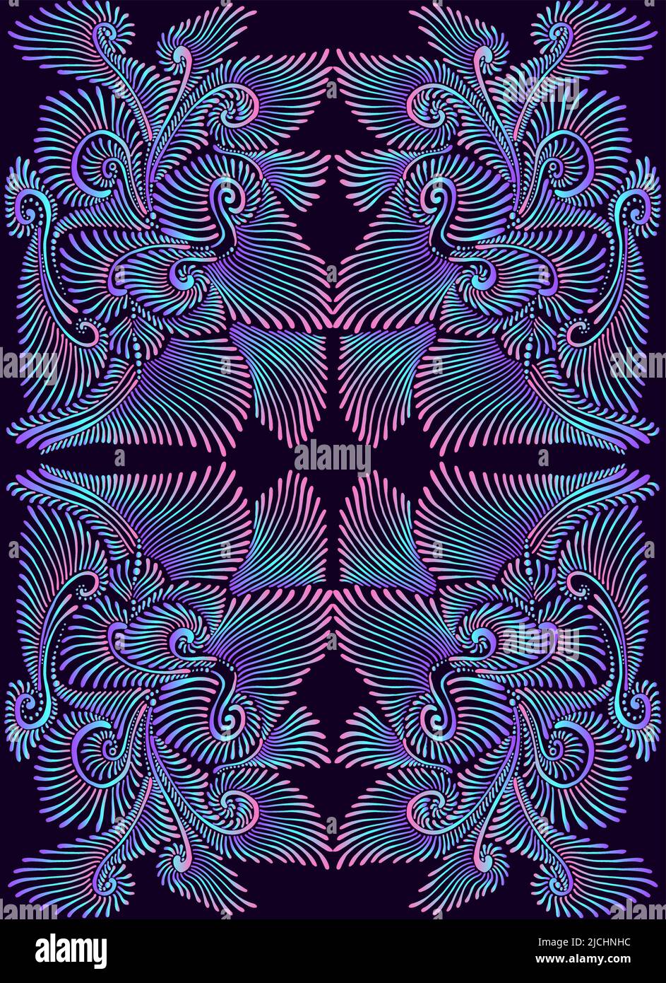 Eleagant vintage psychédélique trippy coloré mandala motif. Dégradé fluo violet, rose, bleu, isoladen sur fond noir. Illustration de Vecteur