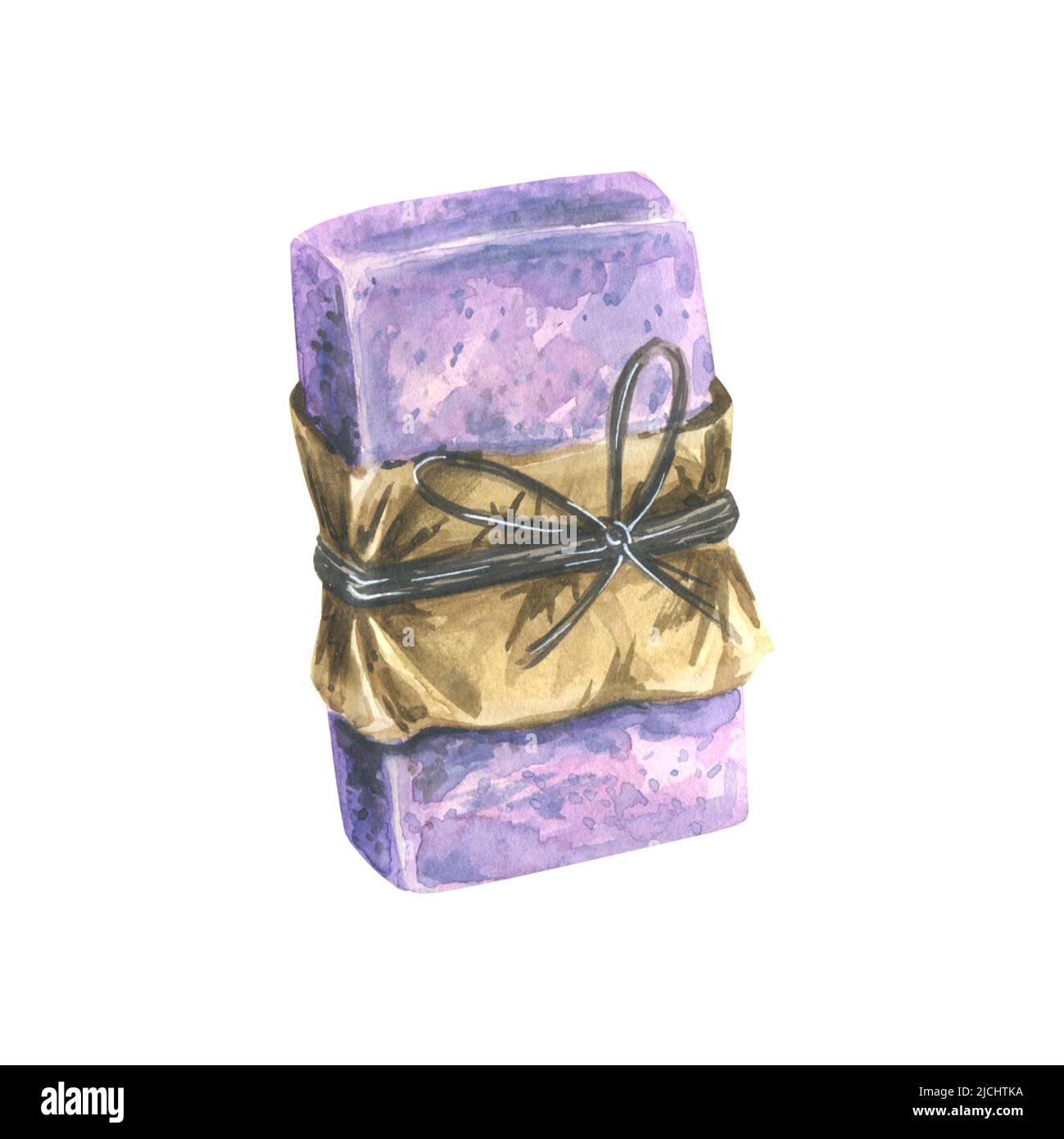 Un morceau de savon fait à la main enveloppé dans du papier kraft, attaché avec de la ficelle. Illustration aquarelle. Un objet isolé d'un grand ensemble de spa Lavender. Pour de Banque D'Images
