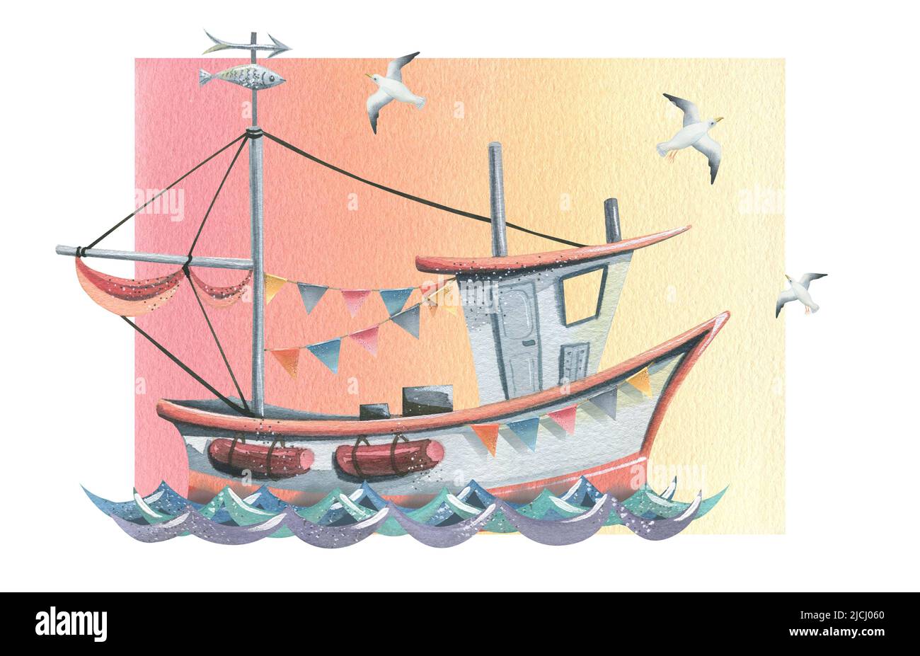 Bateau de pêche avec guirlande de drapeaux sur les vagues avec mouettes sur le fond. Illustration aquarelle. Composition pour la décoration, conception de postc Banque D'Images