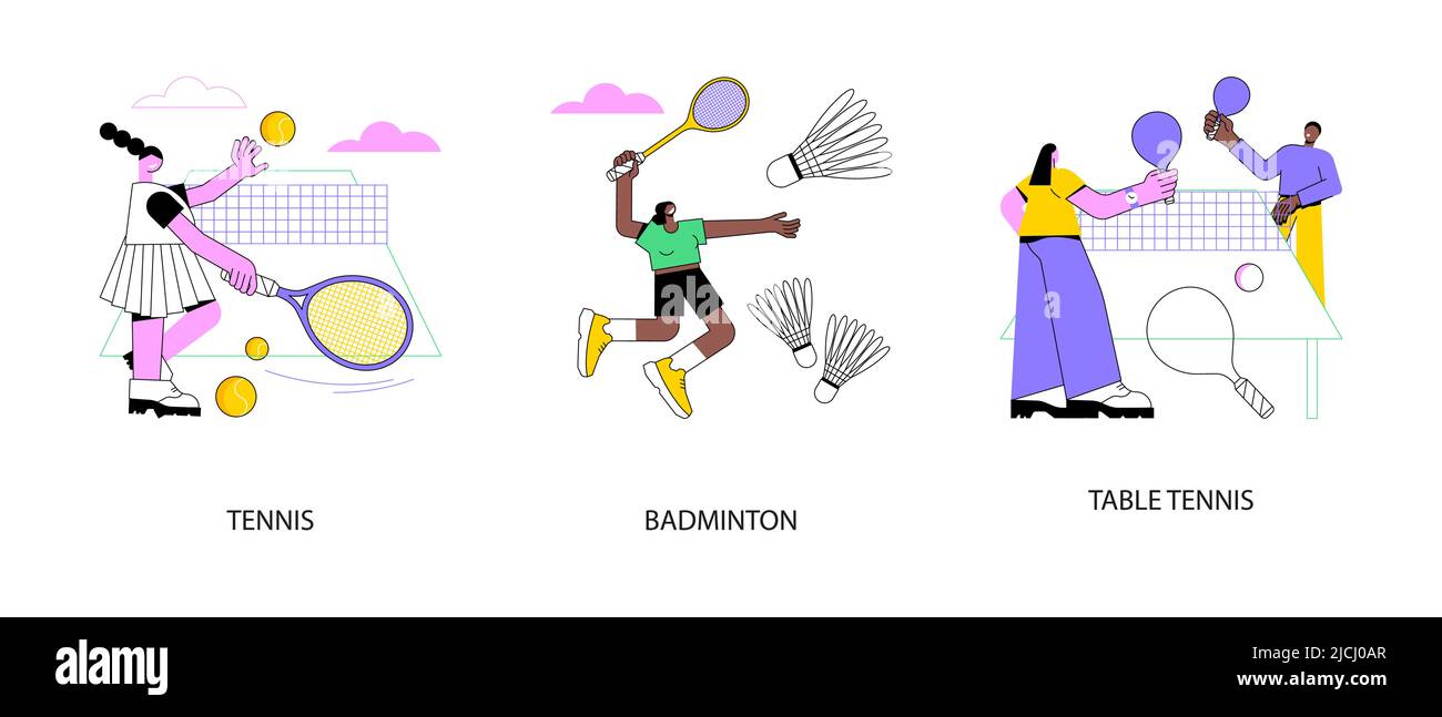 Jeu d'illustrations vectorielles pour le sport abstrait de raquette. Tennis  et badminton, tennis de table, joueur professionnel, court de tennis,  formation de club, jeu de ping-pong, location de raquette, métaphore du  résumé