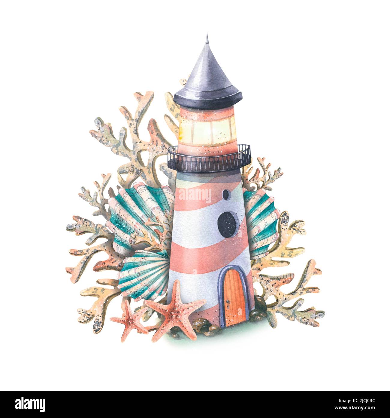 Un phare marin avec des coraux, des coquillages et une étoile de mer. Plage de composition aquarelle, été, pour la conception et la décoration de cartes postales, vêtements Banque D'Images