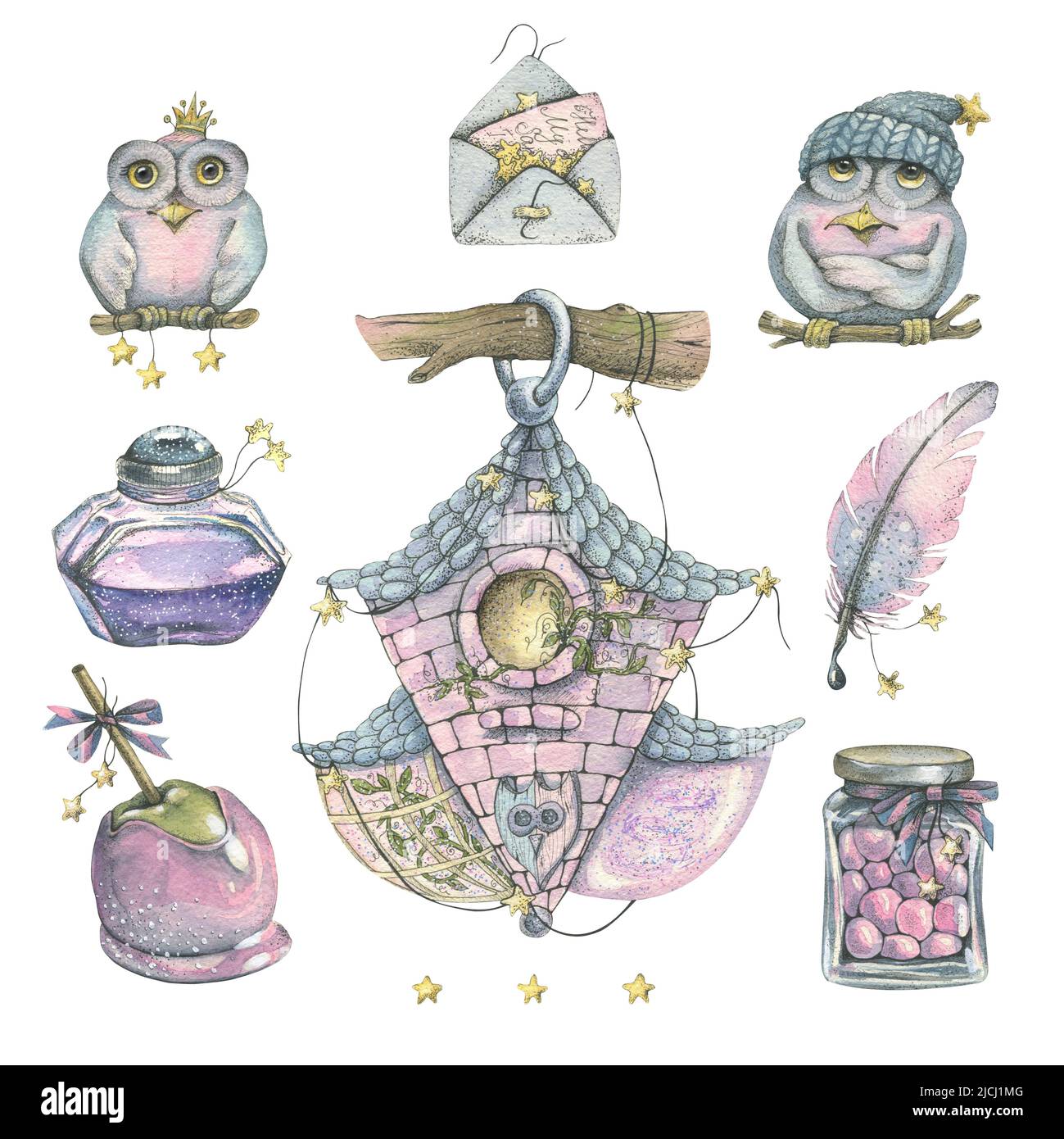 Aquarelle illustrations autocollants hiboux magique. Carte postale, décoration. Banque D'Images