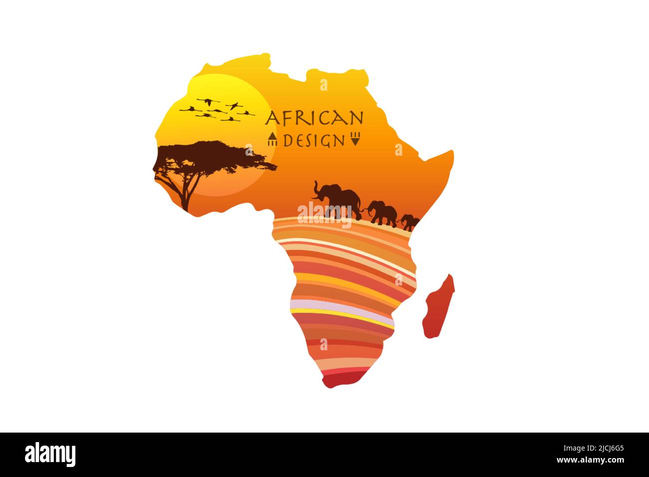 Safari Afrique carte avec des éléphants de paysage ethnique de coucher de soleil. Logo bannière, couleurs africaines traditionnelles tribales, bandes motifs éléments savane design. VEC Illustration de Vecteur