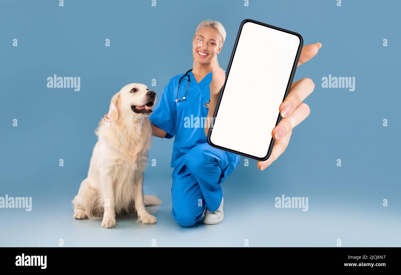 Publicité des services vétérinaires. Bonne infirmière féminine avec chien montrant un smartphone vierge Banque D'Images